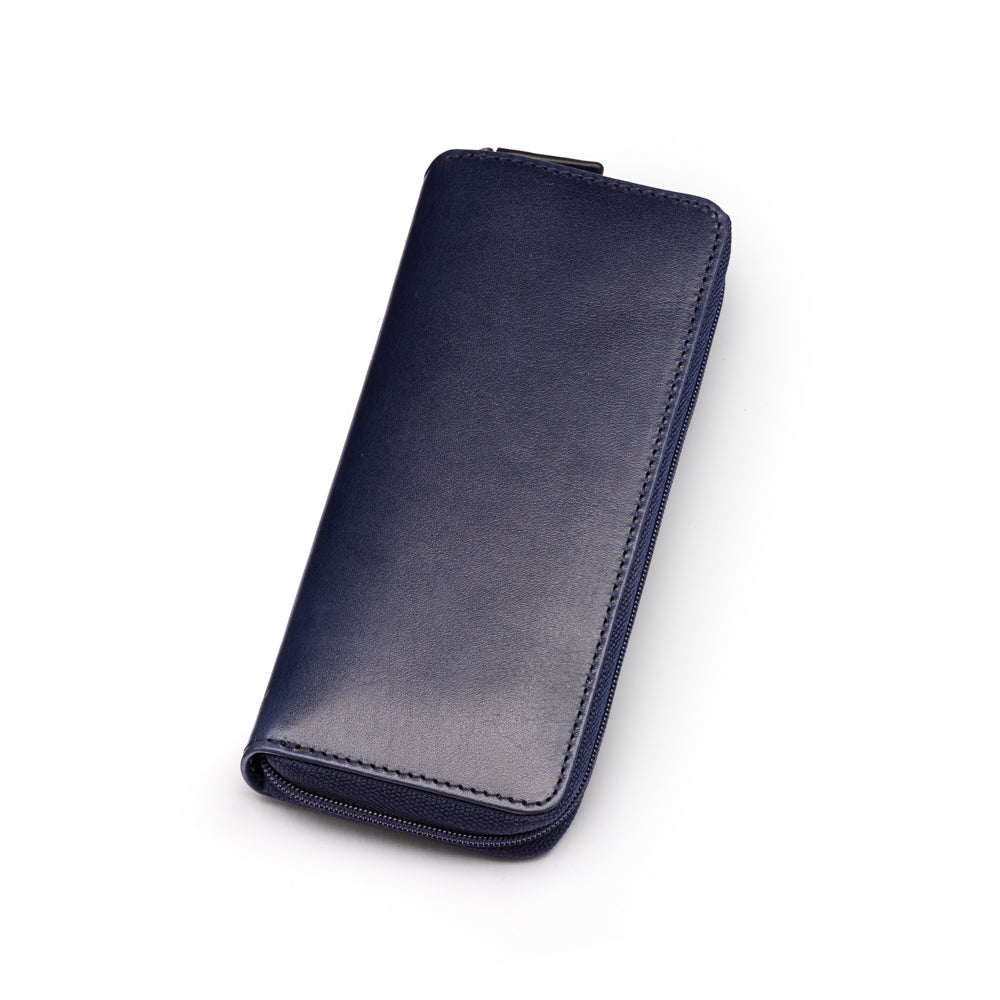 Leather zip around triple pen case, navy, front