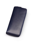 Leather zip around triple pen case, navy, front