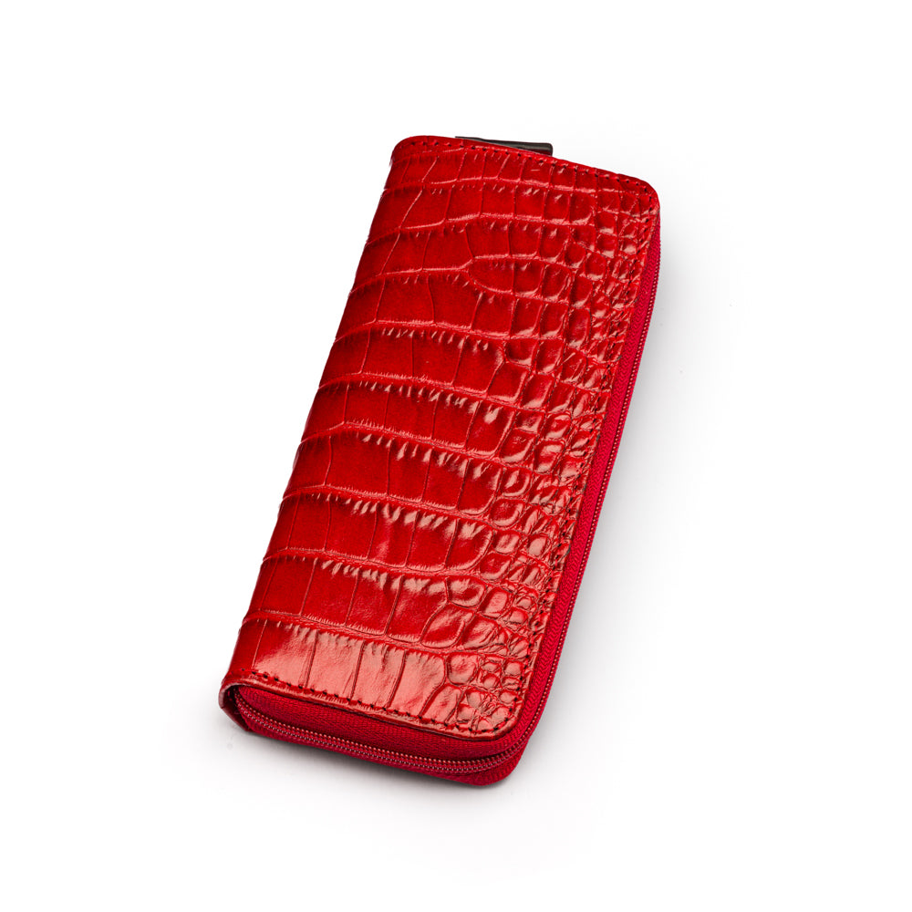 Leather zip around triple pen case, red croc, front