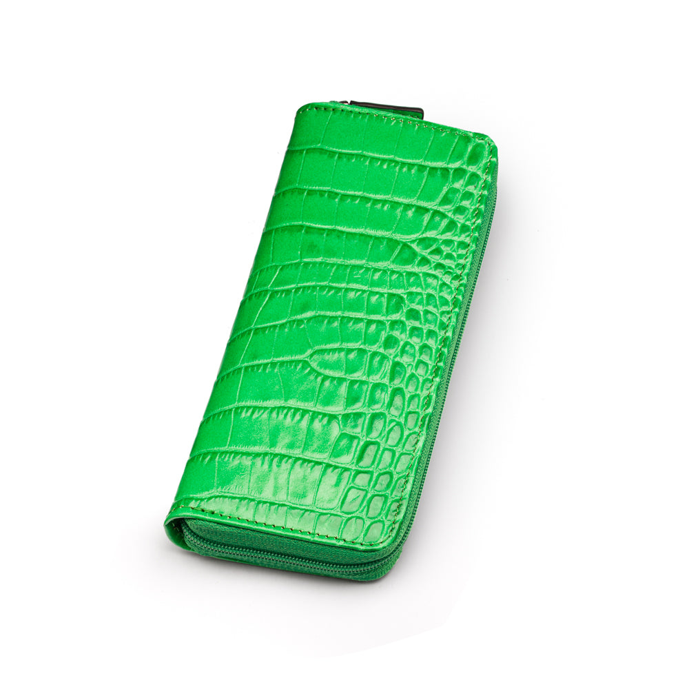 Leather zip around triple pen case, emerald croc, front