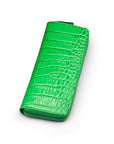 Leather zip around triple pen case, emerald croc, front