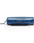 Leather pencil case, blue croc, front