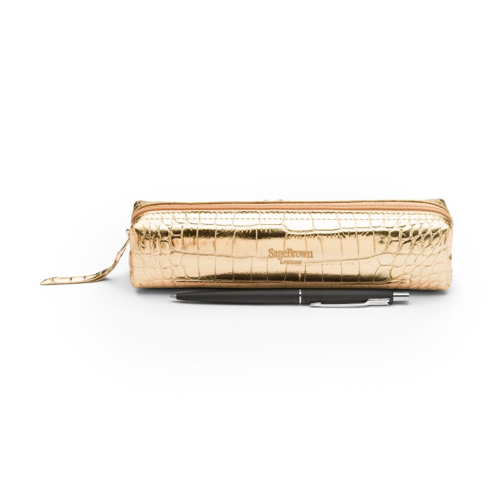 Leather pencil case, gold croc, front