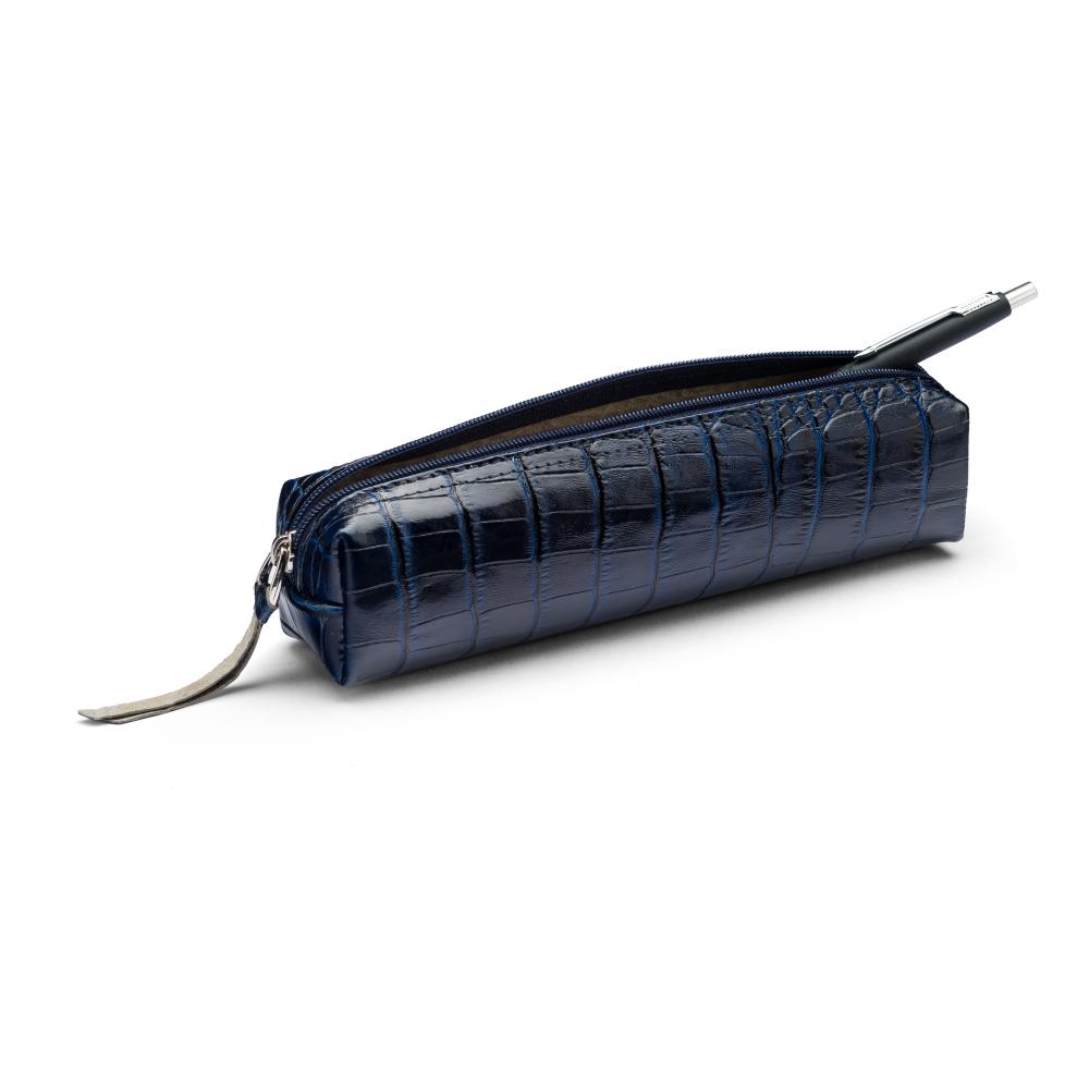 Leather pencil case, navy croc, side