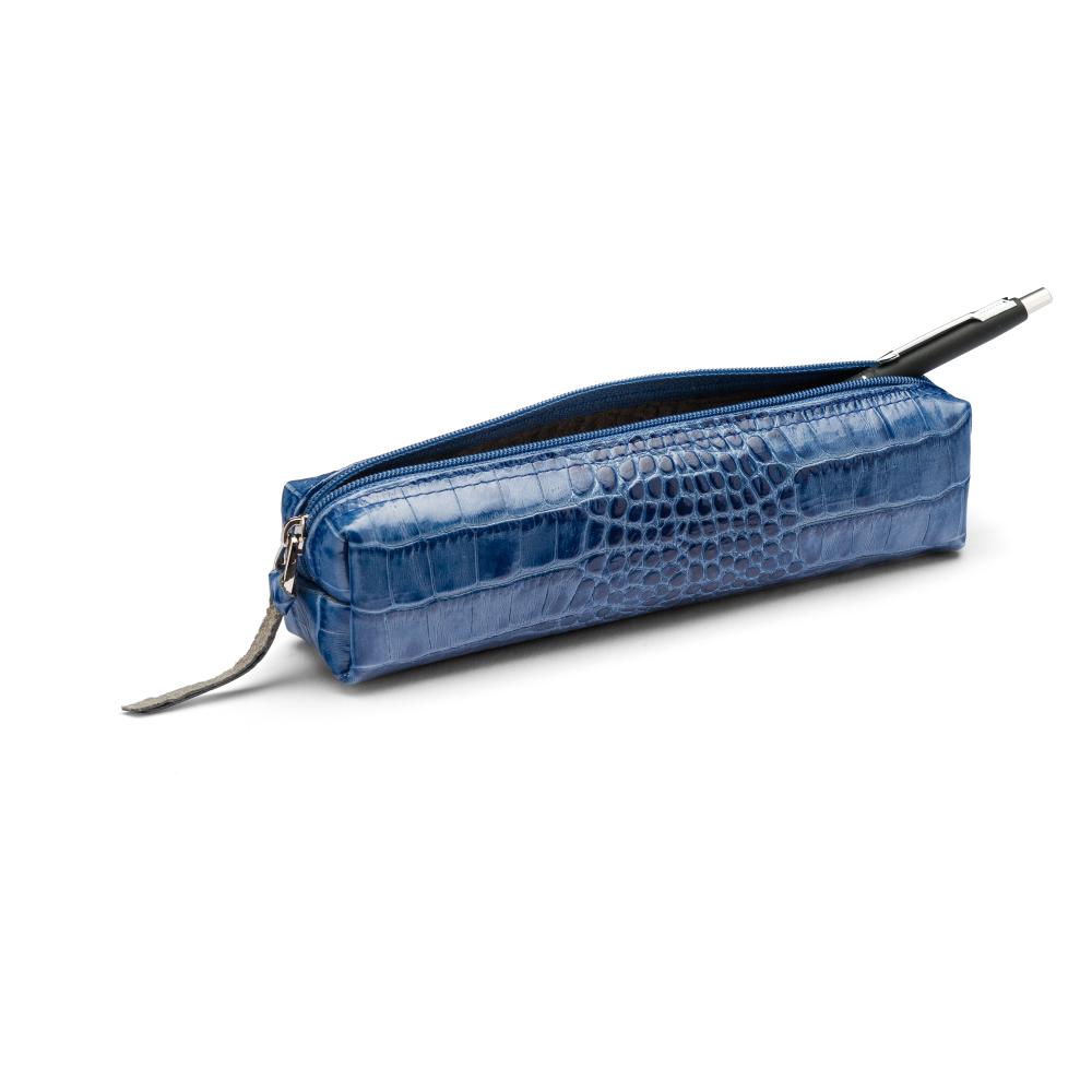 Leather pencil case, blue croc, side