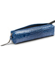 Leather pencil case, blue croc, side