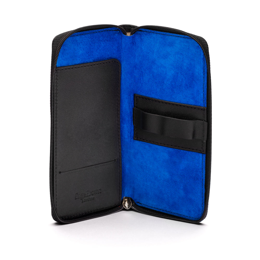 Leather zip around triple pen case, black with cobalt, open