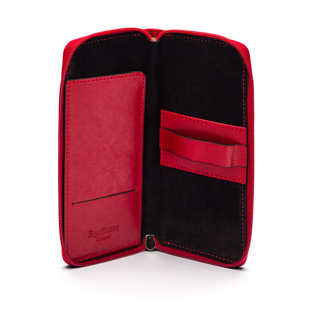 Leather zip around triple pen case, red, open