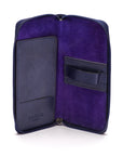 Leather zip around triple pen case, navy, open