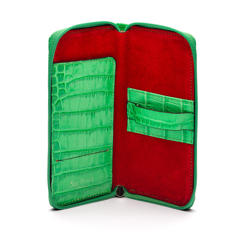 Leather zip around triple pen case, emerald croc, open