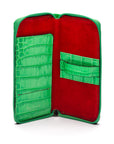 Leather zip around triple pen case, emerald croc, open