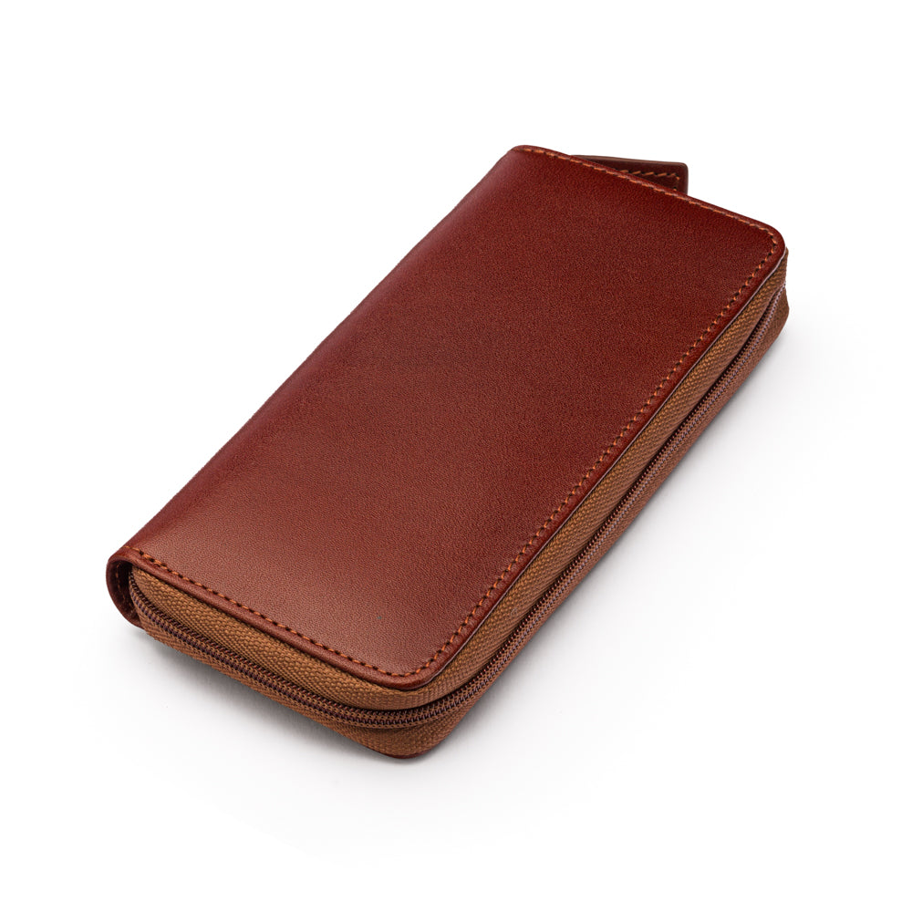 Leather zip around triple pen case, dark tan, side