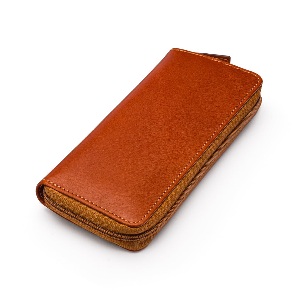 Leather zip around triple pen case, havana tan, side