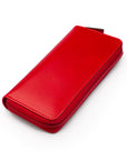 Leather zip around triple pen case, red, side