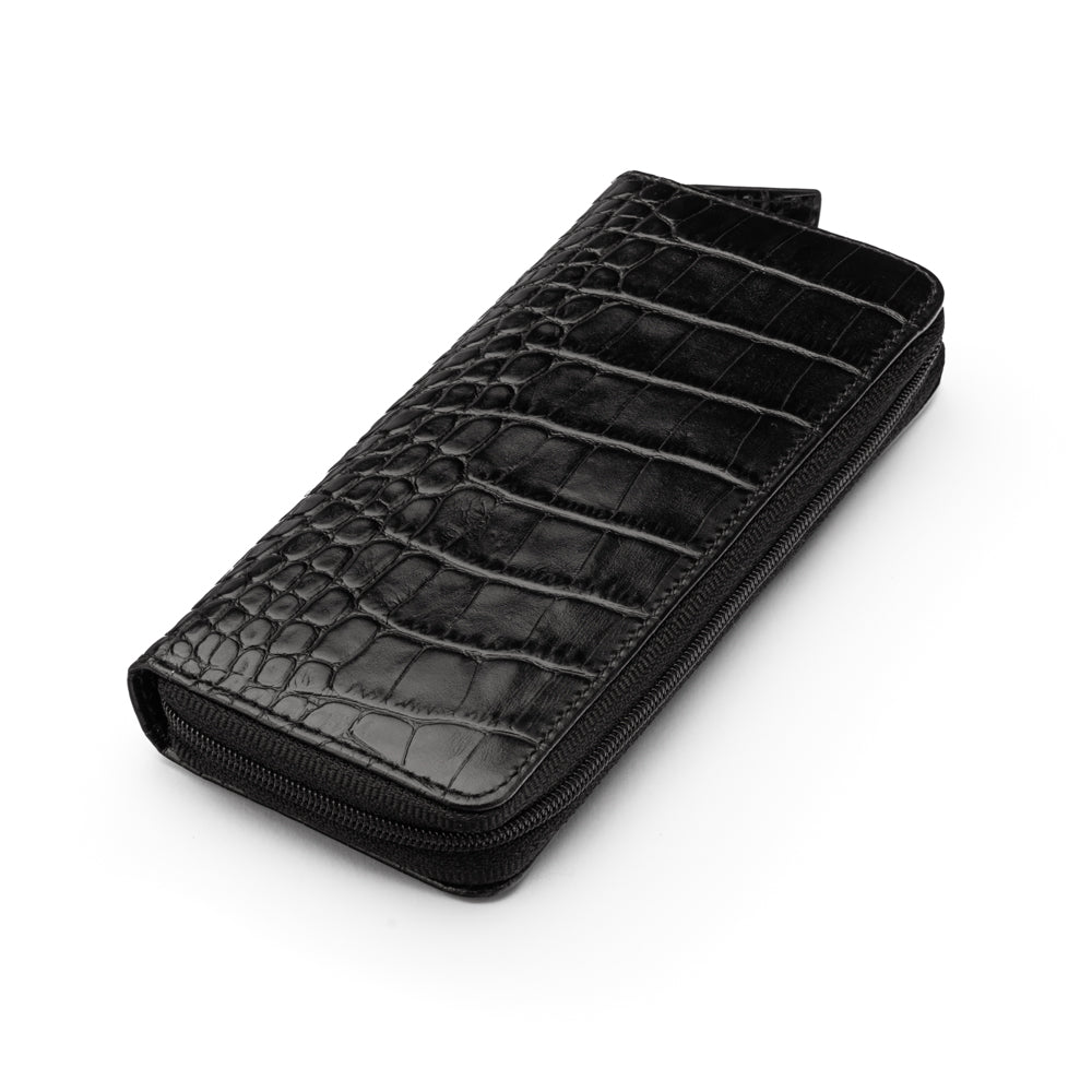 Leather zip around triple pen case, black croc, side