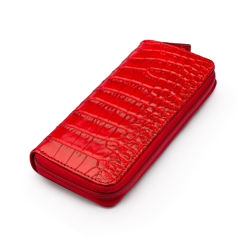 Leather zip around triple pen case, red croc, side