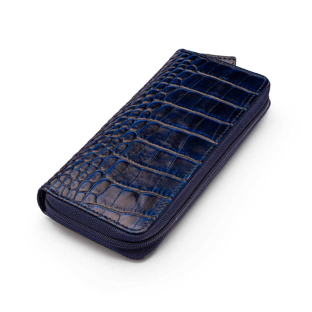 Leather zip around triple pen case, navy croc, side