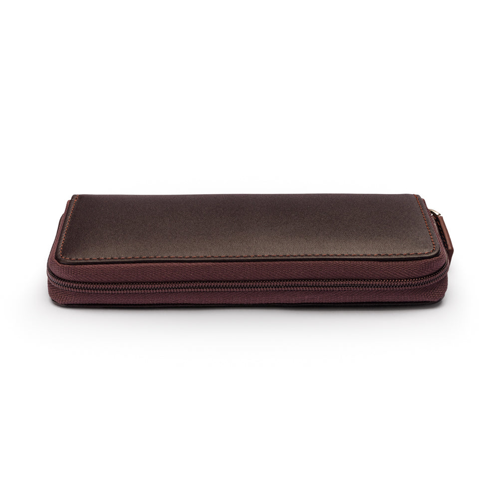 Leather zip around triple pen case, brown, zip