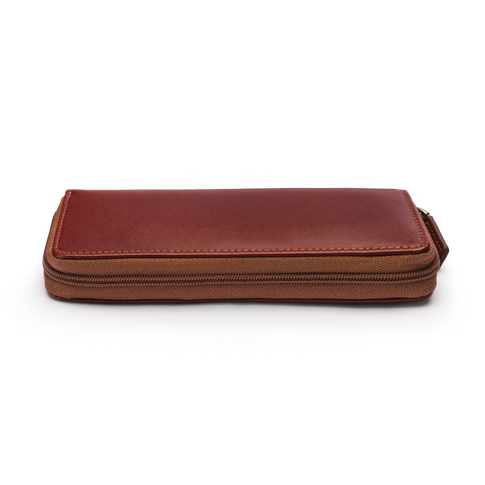 Leather zip around triple pen case, dark tan, zip