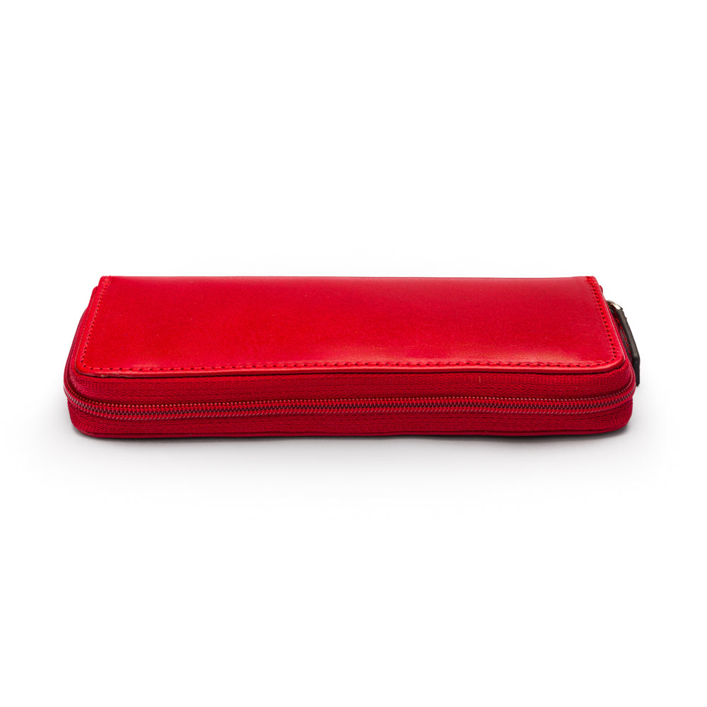 Leather zip around triple pen case, red, zip