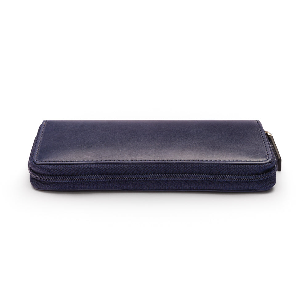 Leather zip around triple pen case, navy, zip