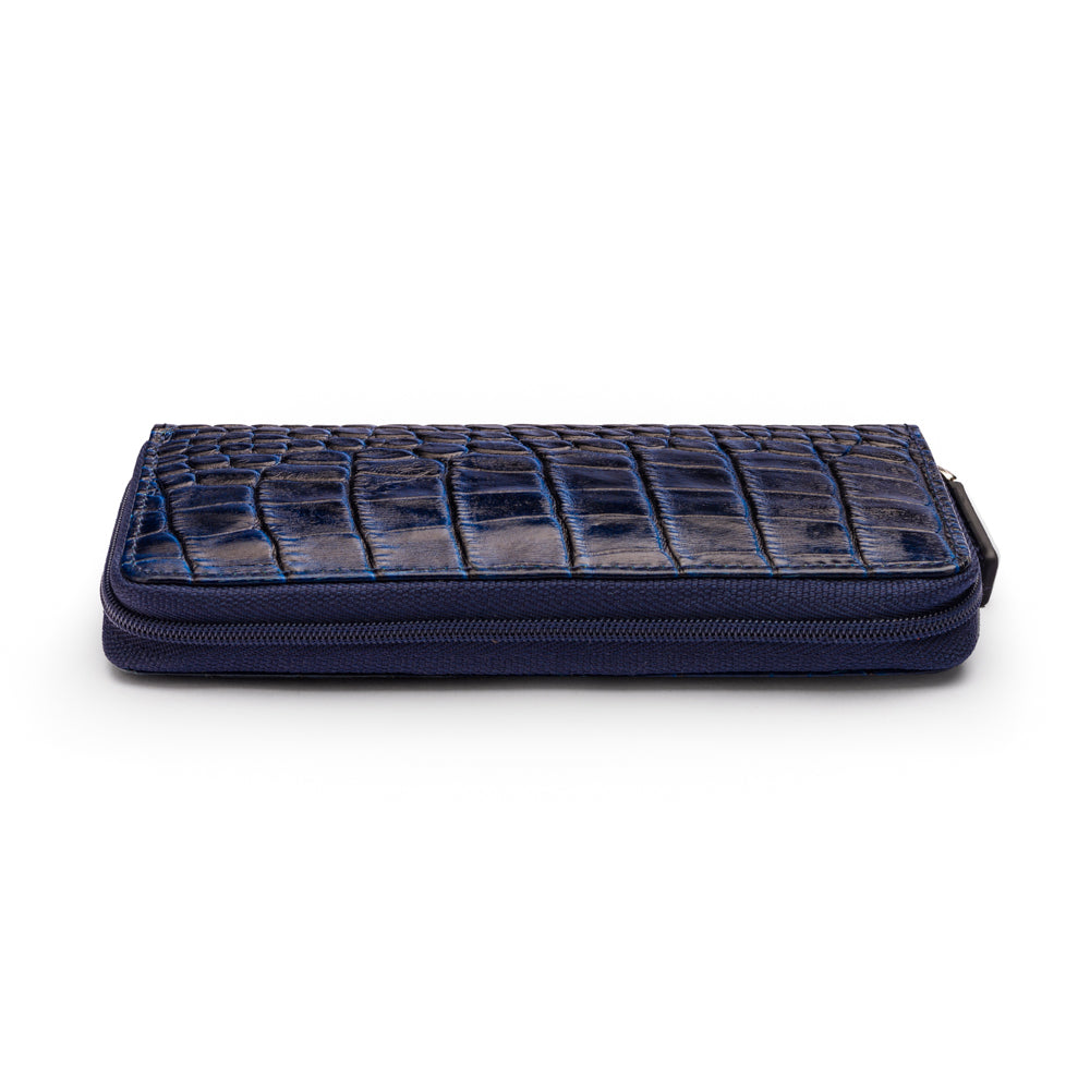 Leather zip around triple pen case, navy croc, zip