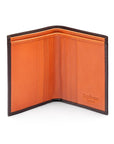 Bifold leather wallet with 6 credit cards, brown with orange, open