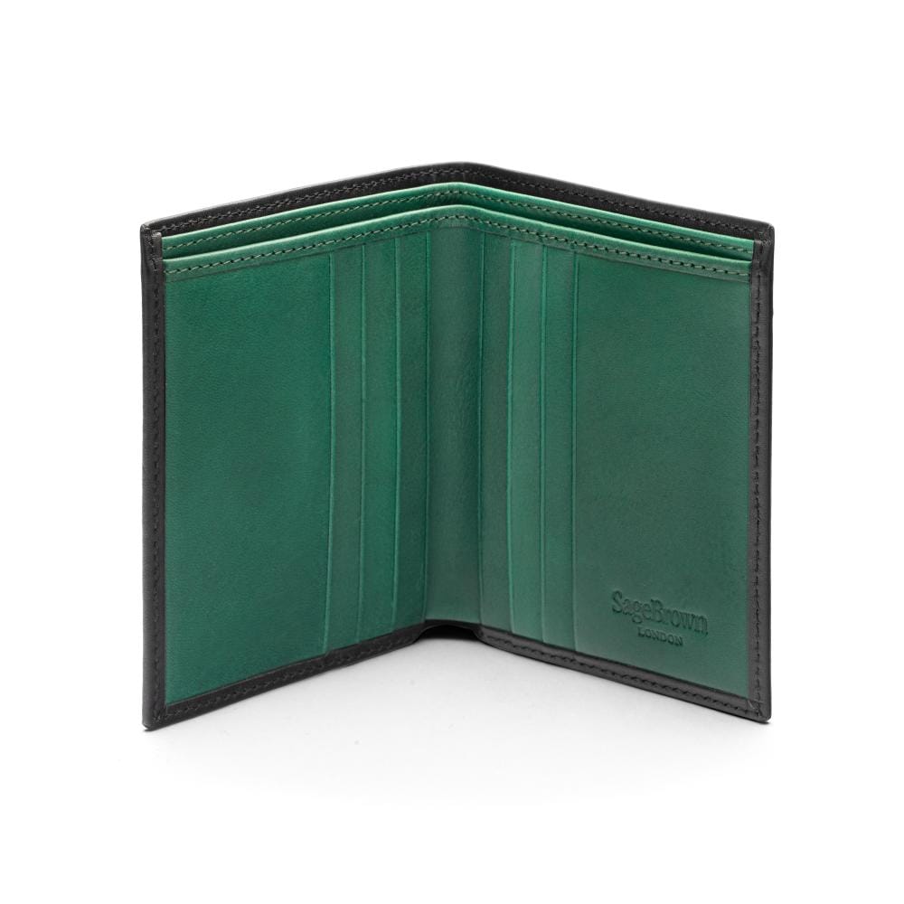 Bifold leather wallet with 6 credit cards, black with green, open
