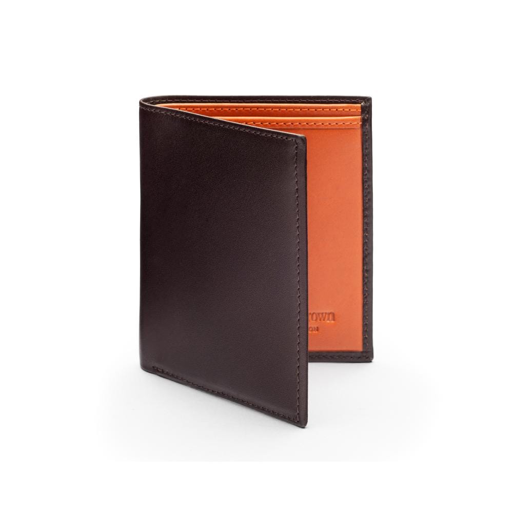 Bifold leather wallet with 6 credit cards, brown with orange, front