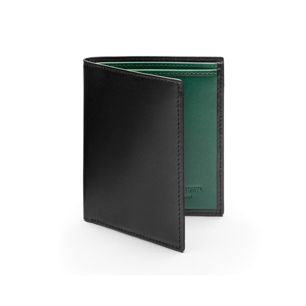 Bifold leather wallet with 6 credit cards, black with green, front
