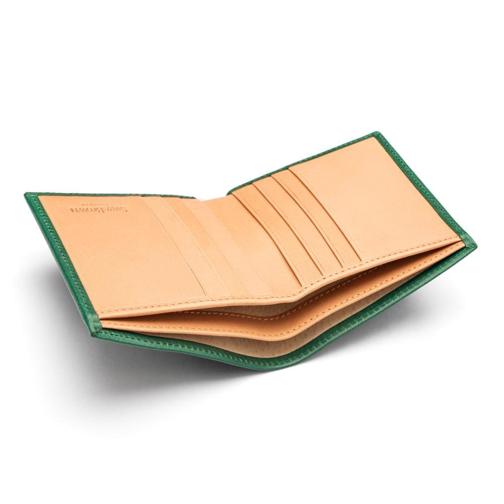Bifold leather wallet with 6 credit cards, green with ivory, inside