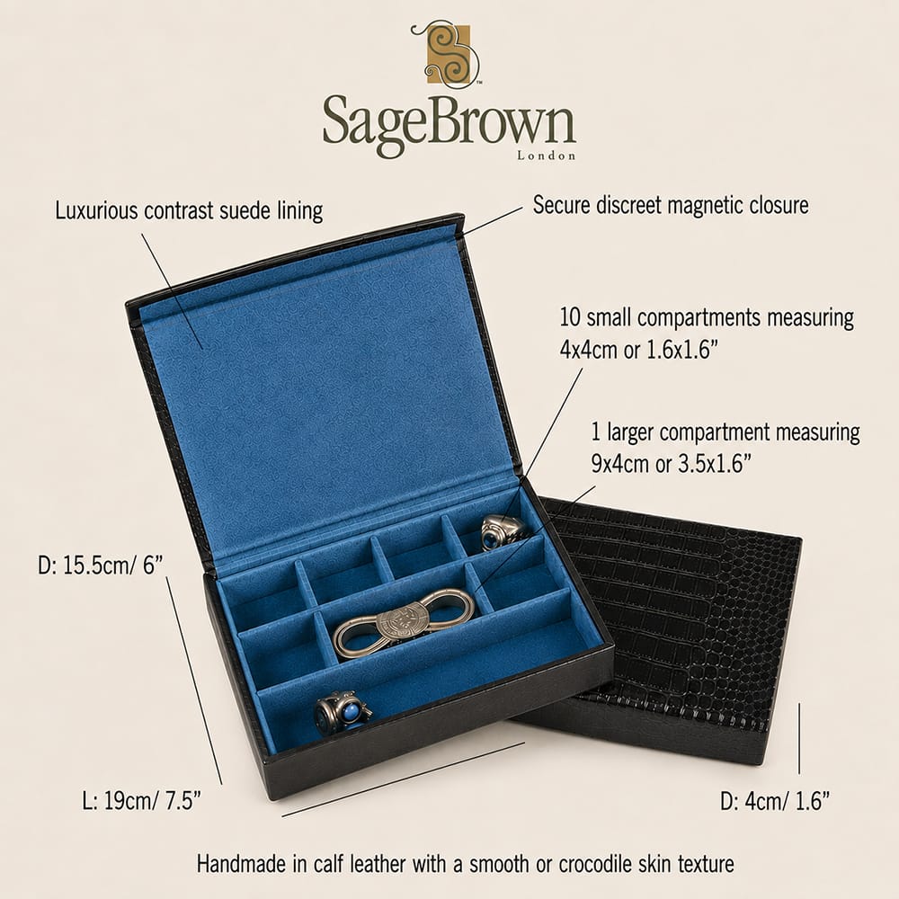 Large Leather Cufflink And Jewellery Box, dimensions and features
