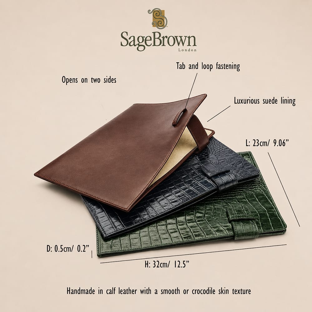 Leather A4 document folder, features and dimensions