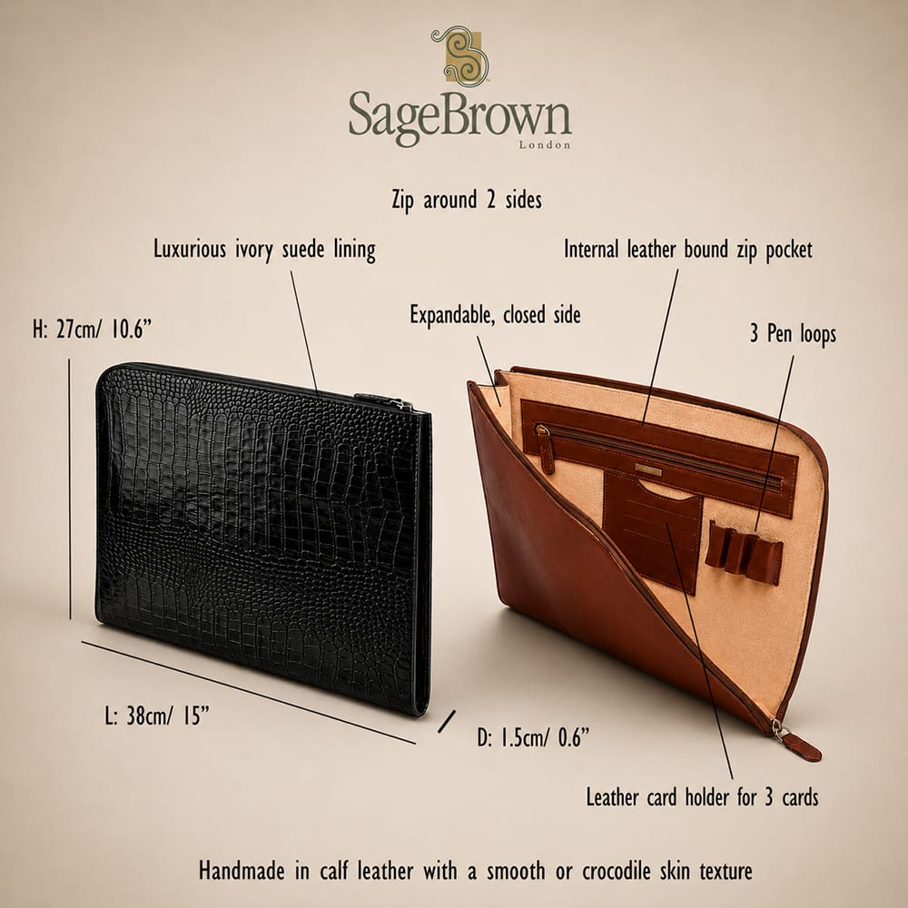 A4 zip around leather folder, features and dimensions