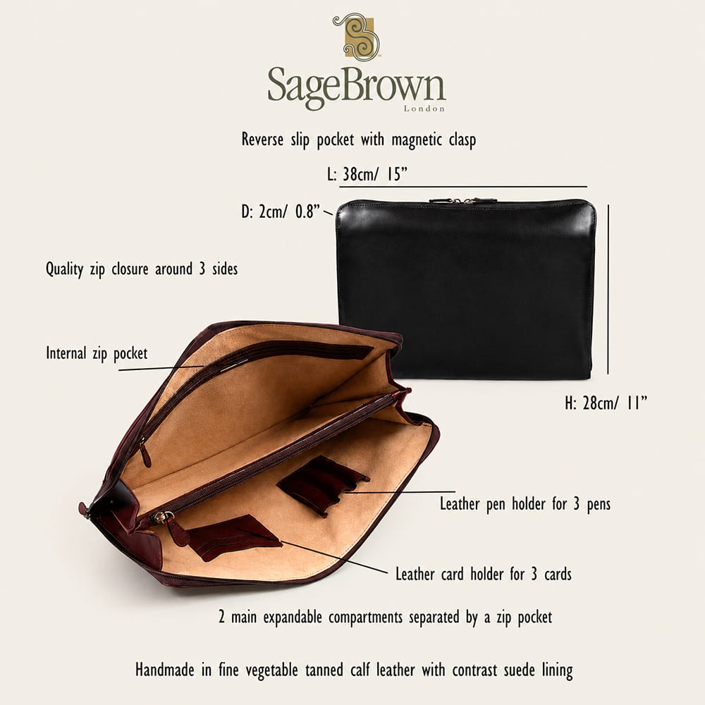Leather A4 document case, features and dimensions