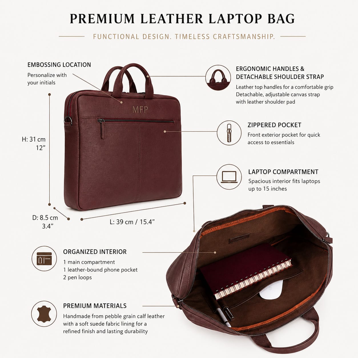Slim Leather Laptop Bag for 15-inch Laptops, features and dimensions