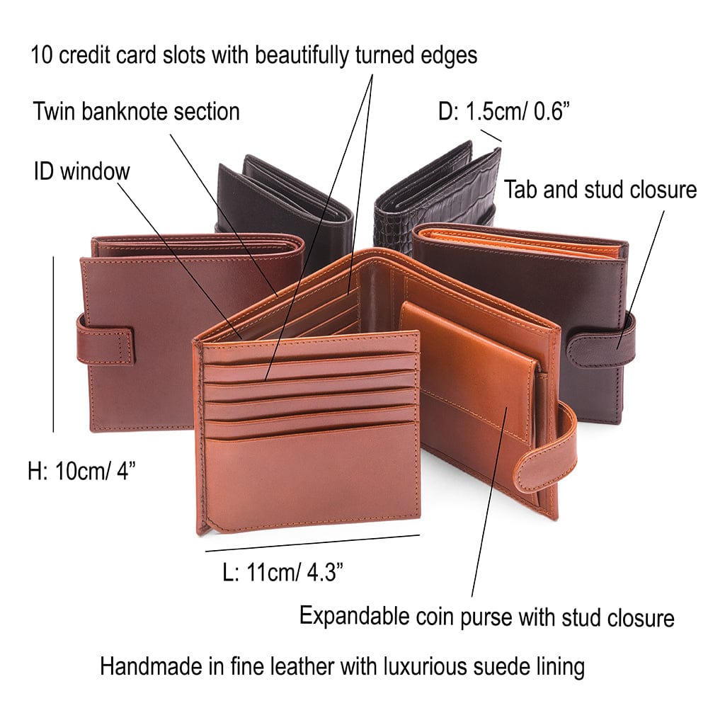 Leather wallet with coin purse, ID and tab closure, features and dimensions
