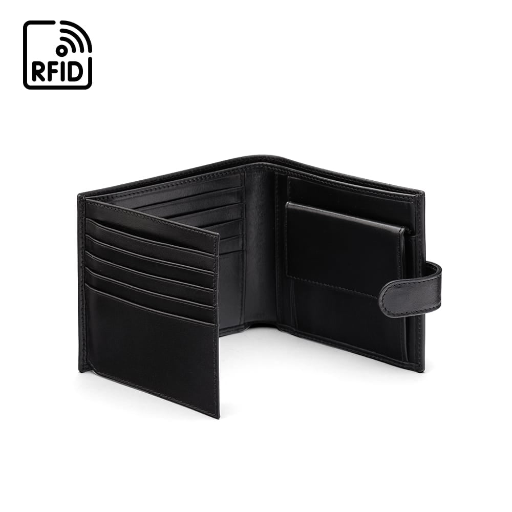 Leather RFID wallet with coin purse, ID and tab closure, black, open