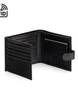 Leather RFID wallet with coin purse, ID and tab closure, black, open