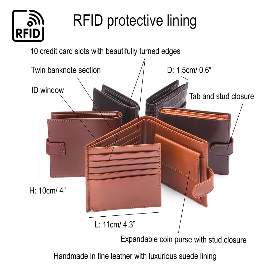 Leather RFID wallet with coin purse, ID and tab closure, features and dimensions