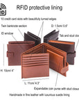 Leather RFID wallet with coin purse, ID and tab closure, features and dimensions