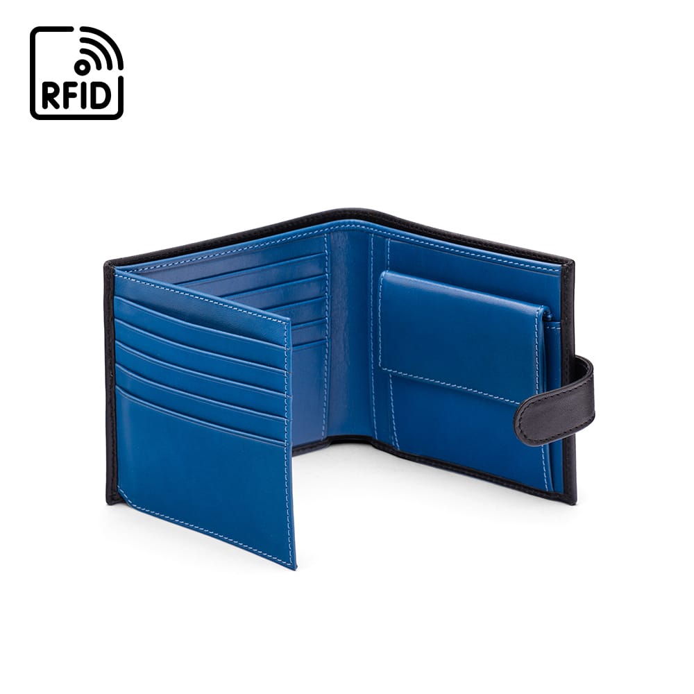 Leather RFID wallet with coin purse, ID and tab closure, black with cobalt, open