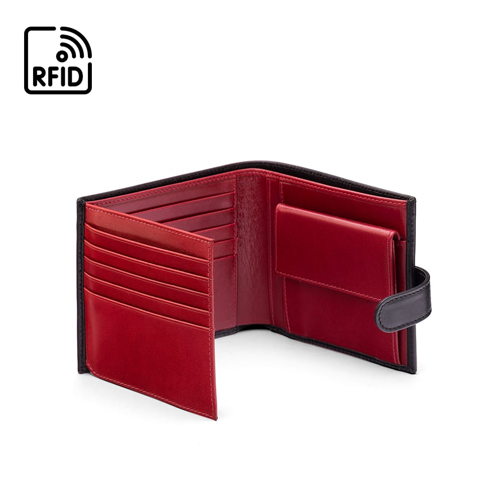 Leather RFID wallet with coin purse, ID and tab closure, black with red, open