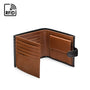 Leather RFID wallet with coin purse, ID and tab closure, black with tan, open 