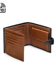 Leather RFID wallet with coin purse, ID and tab closure, black with tan, open 