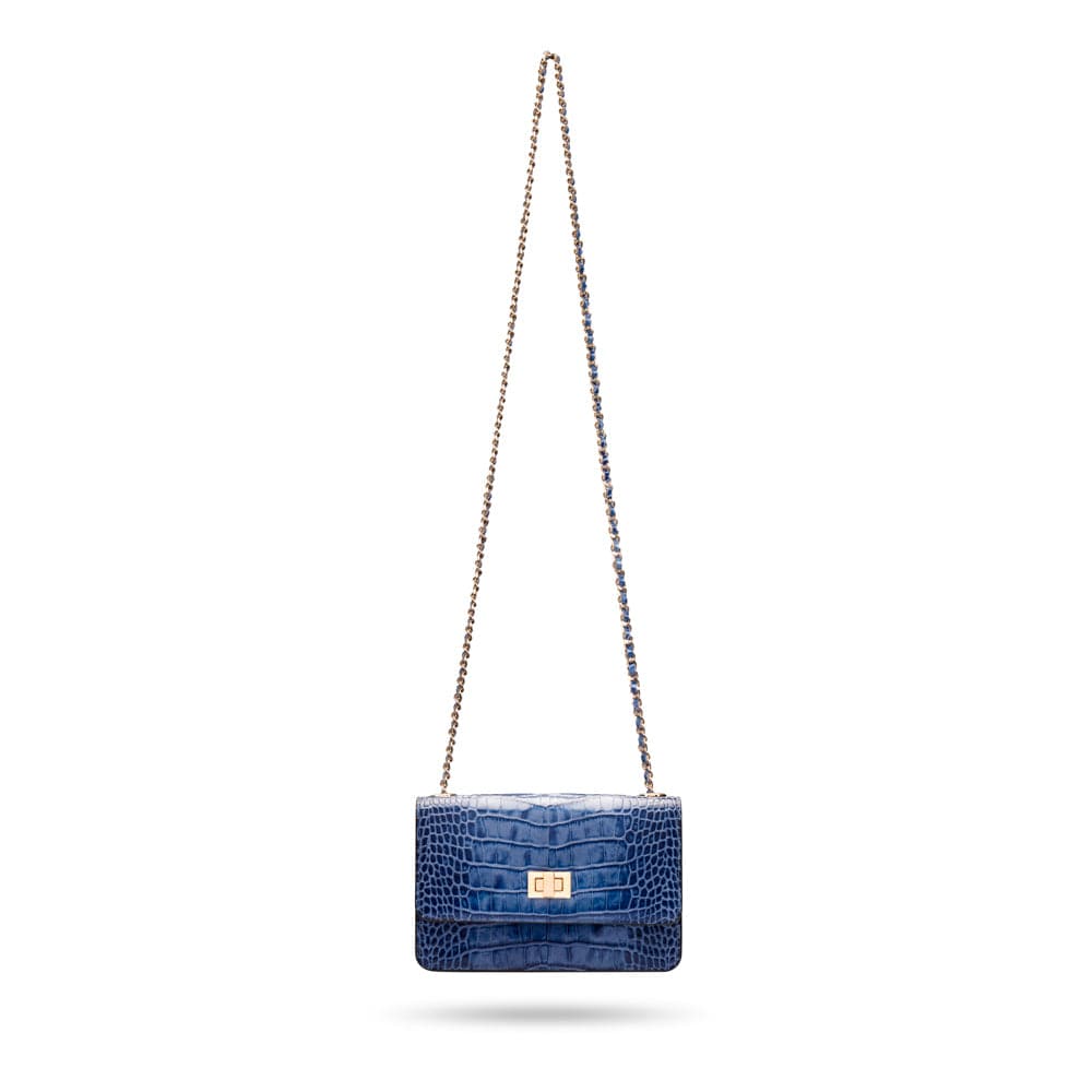 Mini chain bag, blue croc, with chain strap