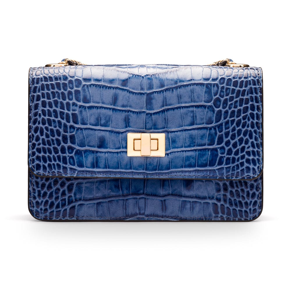 Mini chain bag, blue croc, front view