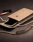 Leather phone bag, taupe, lifestyle