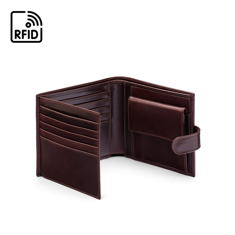 Leather wallet with coin purse, ID and tab closure, brown, open