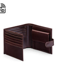 Leather wallet with coin purse, ID and tab closure, brown, open